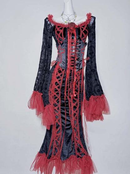 Gothic Black&Red Lace Trim Floral Mermaid Dress+Lace-up Detail Cross Corset Belt