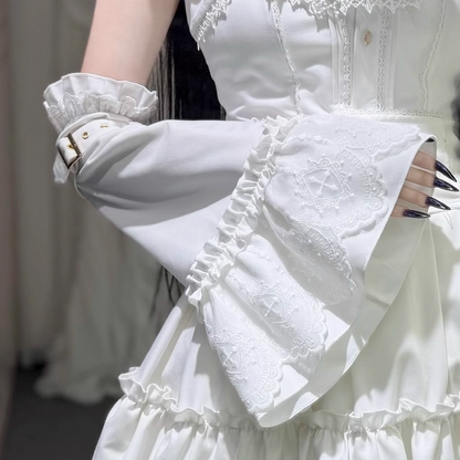 Cuffs Arm Scalloped Sleeves - Lace Buckle Bell Adjustable White with Cross-Stitch Gothic