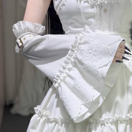 Cuffs Arm Scalloped Sleeves - Lace Buckle Bell Adjustable White with Cross-Stitch Gothic