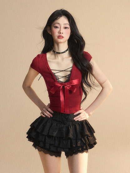 Red Lace Big Bow Slim-fitting Back T-Shirt Trim V-Neck Cutout