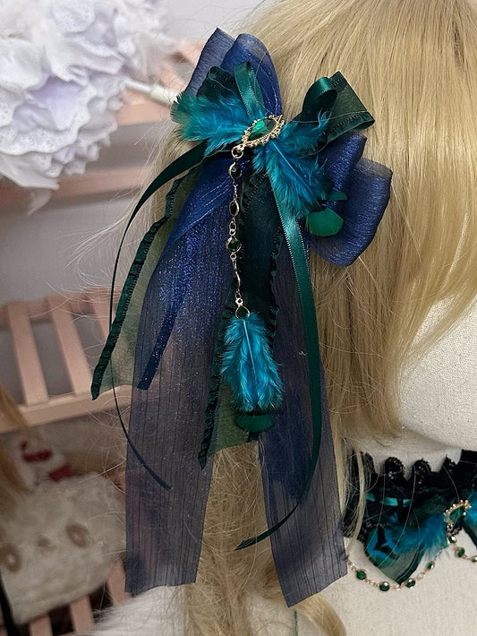Feather Charm Lolita Green Hairclip Bow Peacock Double-Layer