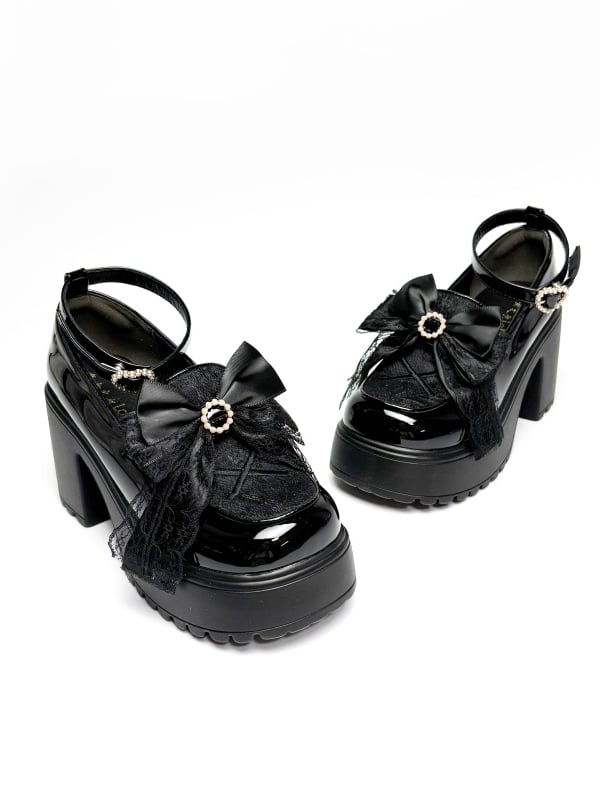 Bow High Block Kei Jirai Top Schwarz Perlen Plateau Heels Sohle PU Dekor mit