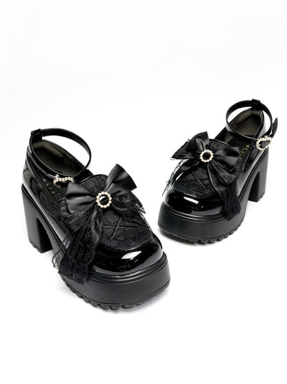 Bow High Block Kei Jirai Top Schwarz Perlen Plateau Heels Sohle PU Dekor mit