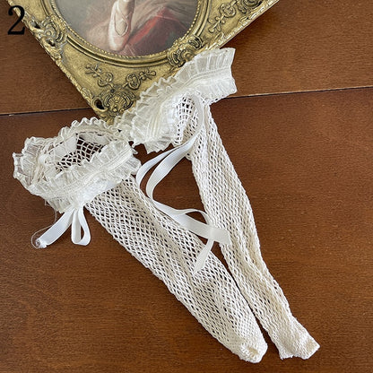 Lace Stockings/Floral Pattern Trims Socks/Lace Tulle Hollow-out Underknee White Socks Fishnet Stockings/Feather