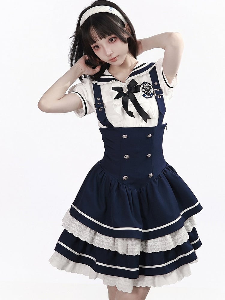 White Sailor Collar Puff Sleeve Blouse with Bow - PINK SAVIOR