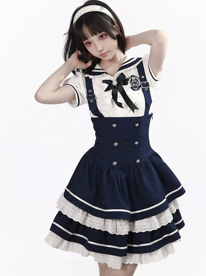 White Sailor Collar Puff Sleeve Blouse with Bow - PINK SAVIOR