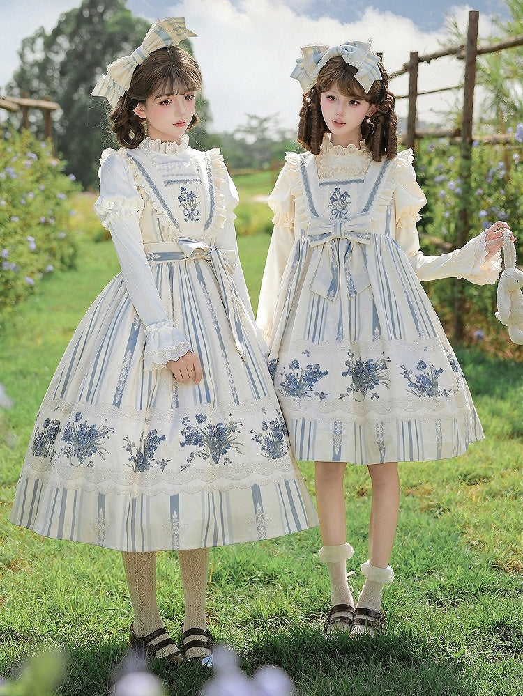 Blue & White Striped Floral Embroidered JSK Set with Knit Top, Belt & KC - With PUJI