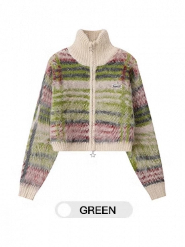 mit Cardigan Mohair Verschluss Vintage Gestreift Reißverschluss High Neck Crop Grün