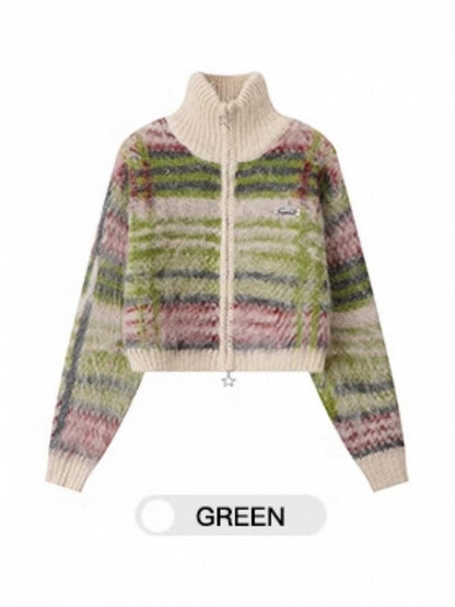 mit Cardigan Mohair Verschluss Vintage Gestreift Reißverschluss High Neck Crop Grün