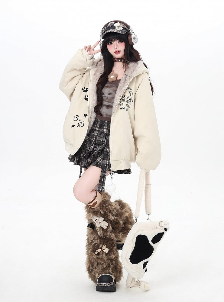 Cozy Suede Cat-Ear Hooded Coat with Plush Lining and Embroidered Cat Details Black/Apricot