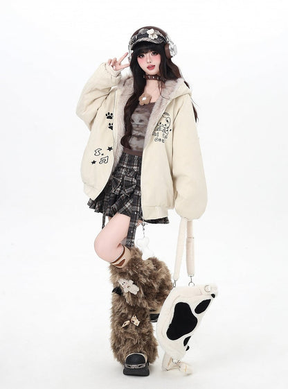 Cozy Suede Cat-Ear Hooded Coat with Plush Lining and Embroidered Cat Details Black/Apricot