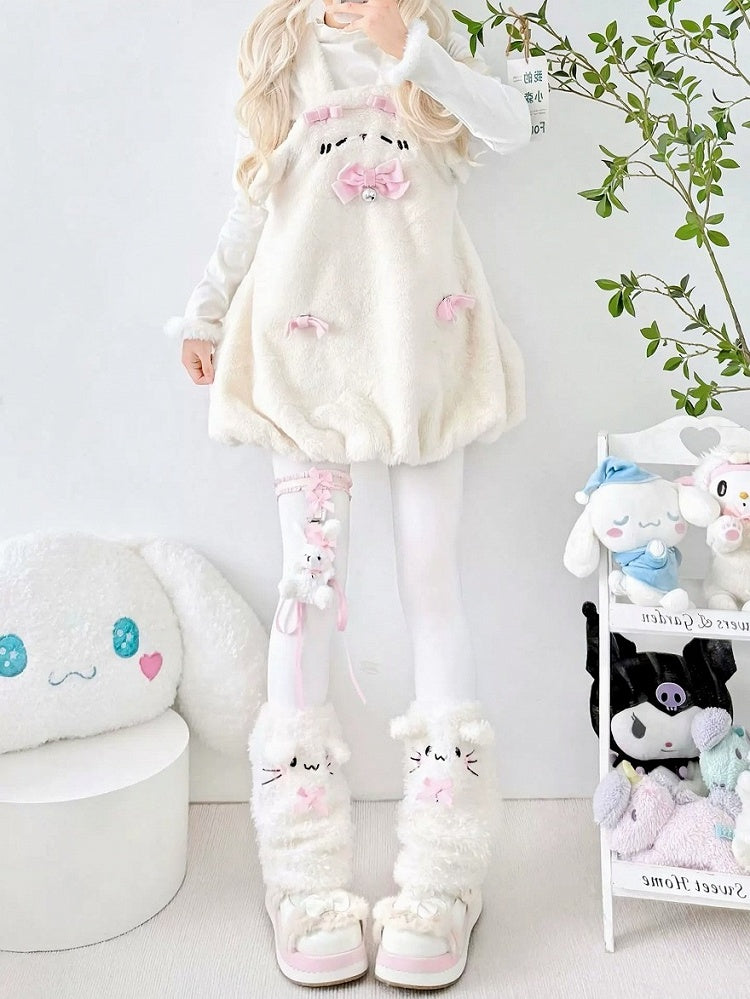 Fluffy Warmers with White Bows Leg Cat Pink