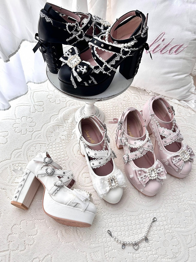 White Platform Mary Jane Shoes with Bow & Rhinestone - Sheep Puff