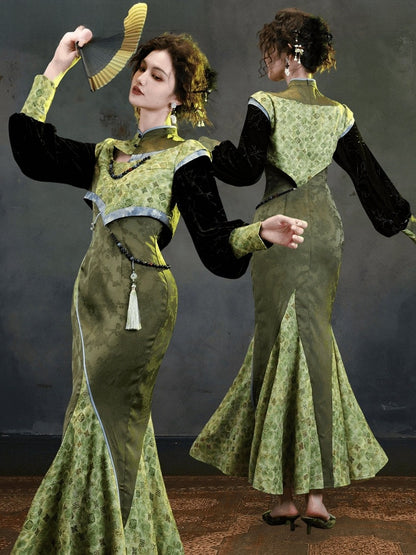 Grass Green Jacquard Chinoiserie Floral Fishtail Qipao Dress with Long Sleeves - sijinstudio