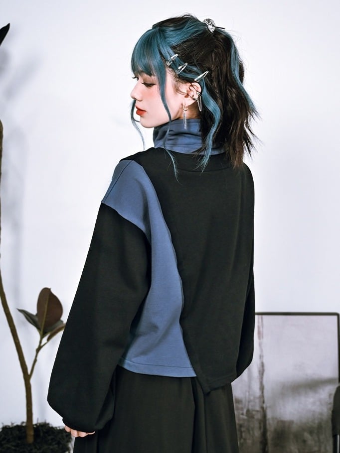 Black & Blue Asymmetrical Stand Collar Dark Fashion Sweatshirt with Jellyfish Motif - Quirky Hut