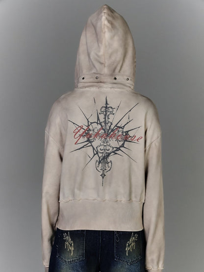 Strap Apricot Distressed Zip Closure Hoodie Wasteland Buckle Punk