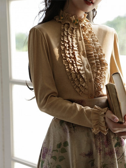 ミルクホワイト/カーキ ヴィンテージフローラルフリルトリムブラウス