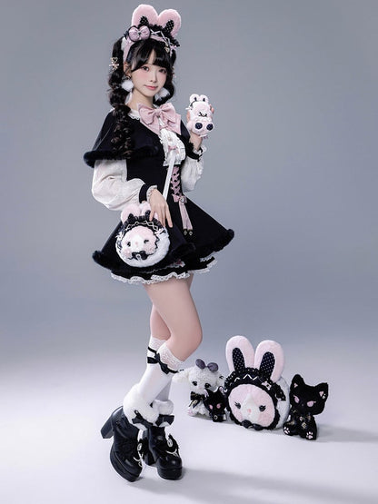 Full Shorts Black Pink Bunny Matching Cape Set Kei Brooch Dress Ear Jirai Bow + Lace Plush
