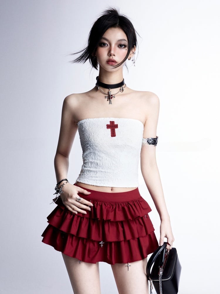 Tiered Skirt Red Cross Applique White Cropped Charms Strapless Top/Red Cross Gothic