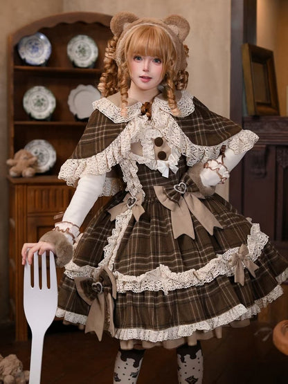 Lolita Apricot JSK Top Autumn/Winter Plaid Reversible Brown + Cape Dress