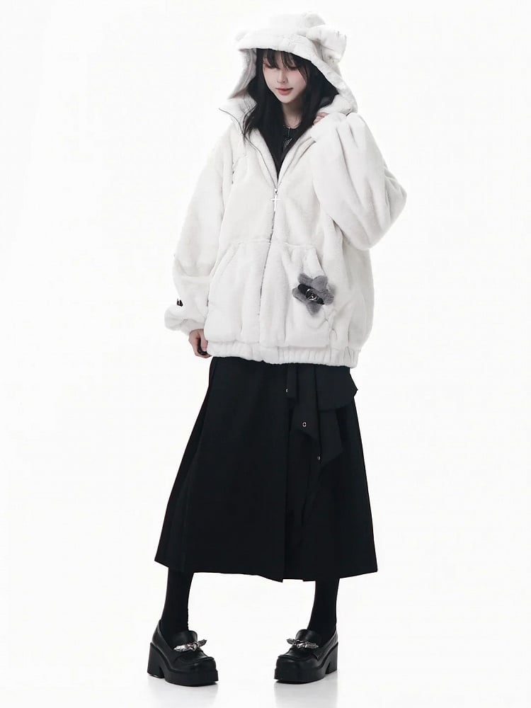 Hooded with Bear Ear Plush Embroidery Black/White Buckle Strap and Lined Pin Accents Coat