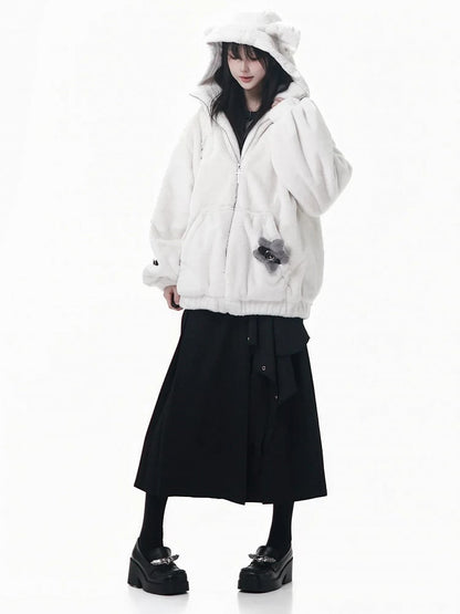 Hooded with Bear Ear Plush Embroidery Black/White Buckle Strap and Lined Pin Accents Coat