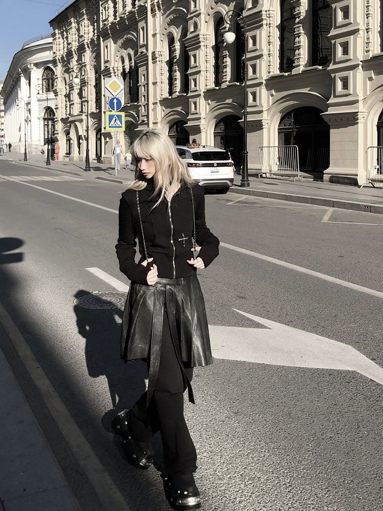 and Mini with PU Sweatpants Attached Black Thigh-High Skirt Slit