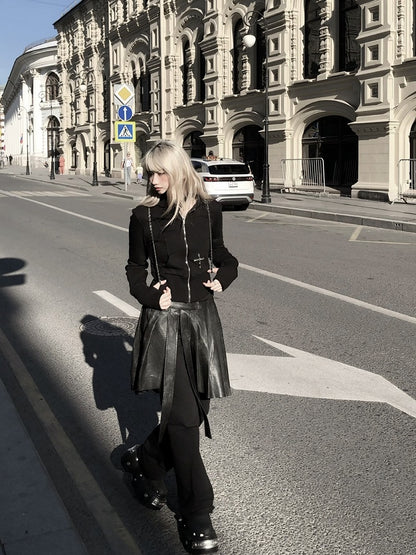 and Mini with PU Sweatpants Attached Black Thigh-High Skirt Slit