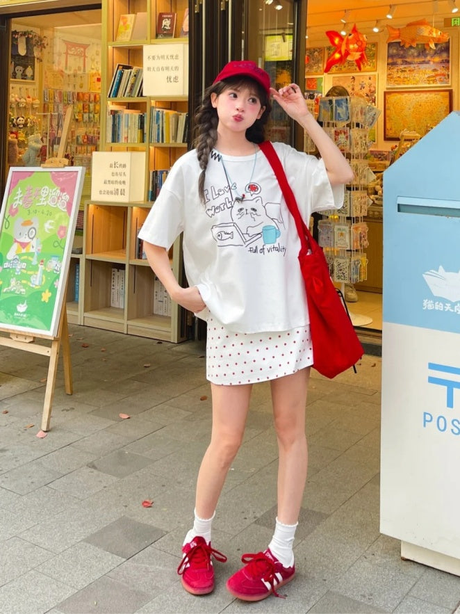 ホワイトラウンドネックキティプリントルーズTシャツ