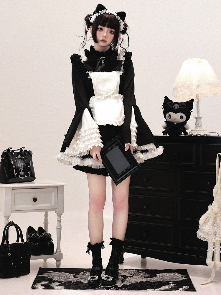 Black & White Jirai Kei Maid Outfit - Bell Sleeve Dress with Apron & Shorts