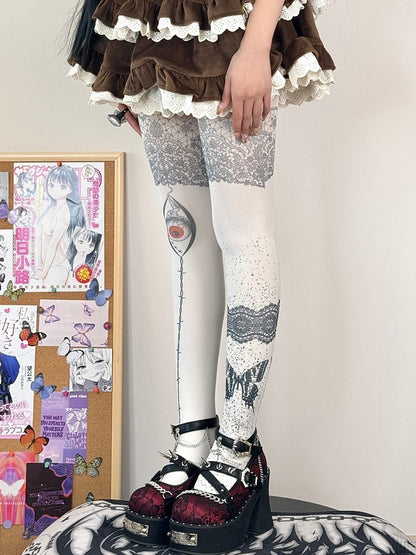 White Print Tights Butterfly Guro Kawaii