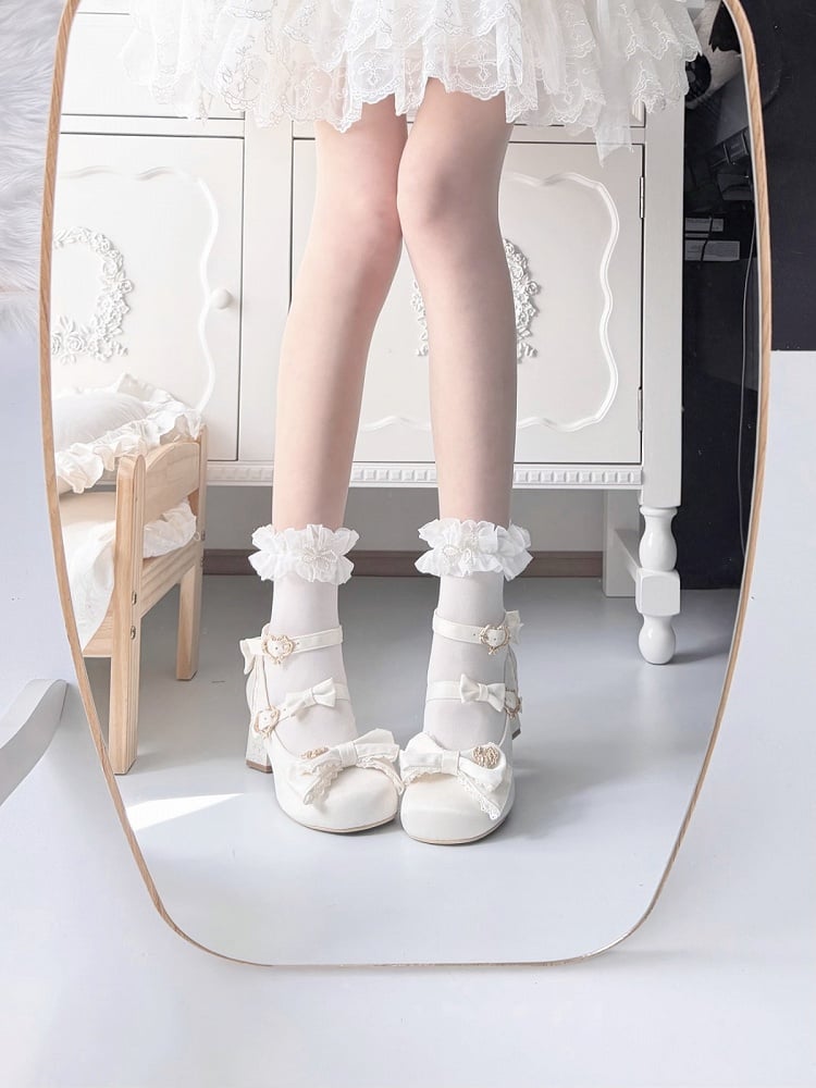 White Carousel Theme Lolita Shoes with 5.5cm Embossed Heel Round Toe Lace Heart Details - Vintage Sweetheart