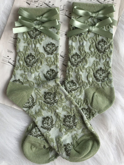 Calf Socks Green Lolita Floral Pattern