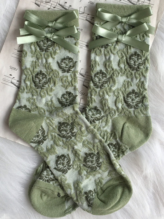 Calf Socks Green Lolita Floral Pattern