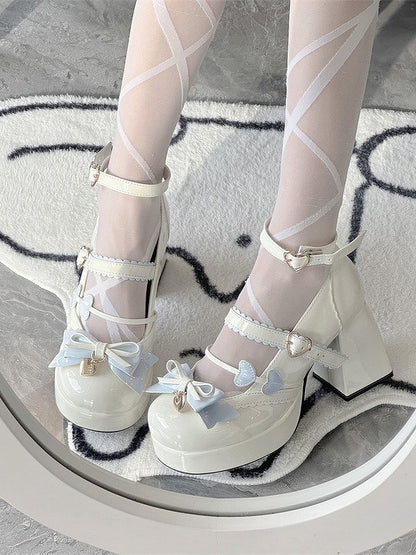 and - Elegant Round Details Lolita High-heel Shoes Blue Toe Bow White