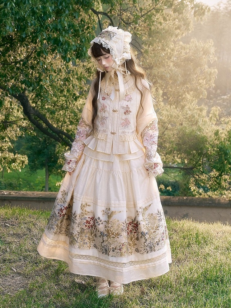 Hanfu-Inspired Beige Floral Embroidered Long-Sleeve Top with Lace - Yimu Walnut