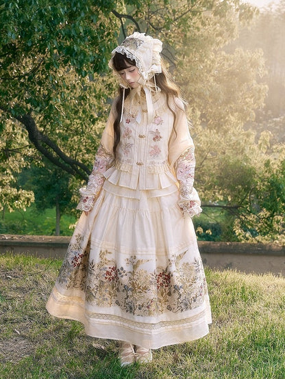Hanfu-Inspired Beige Floral Embroidered Long-Sleeve Top with Lace - Yimu Walnut