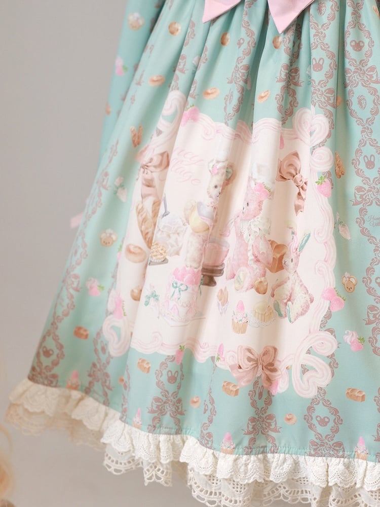 Mint Peter Pan Collar Long-Sleeve Bear Print OP Dress with Sash - Honey Village