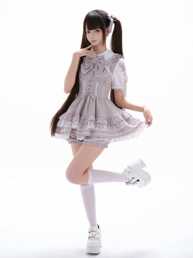 Pink and White Ryousangata Two-Piece Set with Lace and Ruffle - GingaU