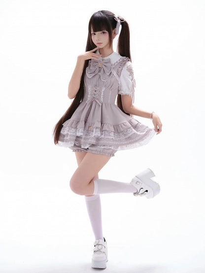 Pink and White Ryousangata Two-Piece Set with Lace and Ruffle - GingaU