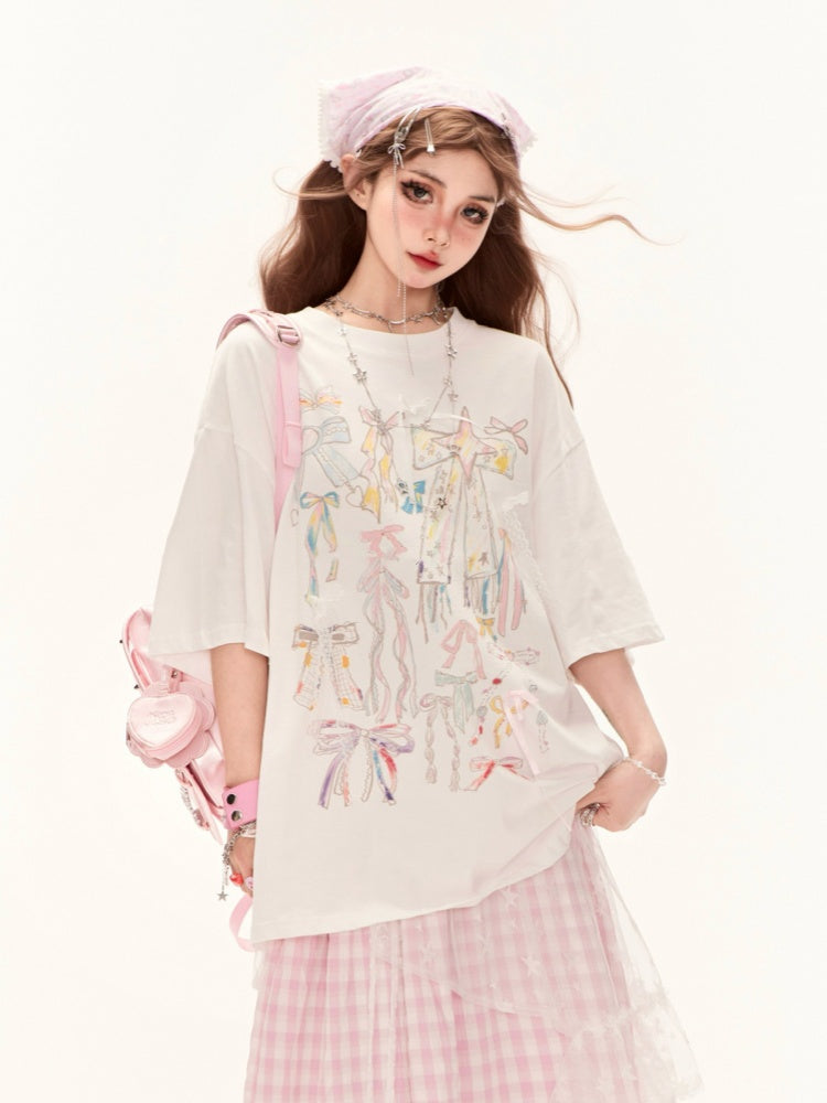 White Round Neck Bowknots Print Summer Loose T-Shirt