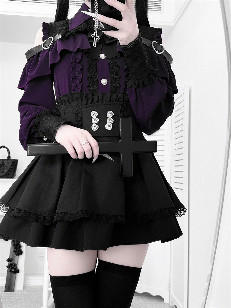 Shoulder Landmine with Blouse Buttons Cutout Blackish-Purple: Style in Heart Sweetheart Buckle
