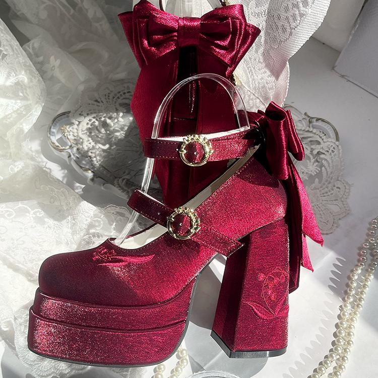 Janes High Platform Block Valley of Wine Lily Red Embroidery Mary Heel Bowknot the Detachable