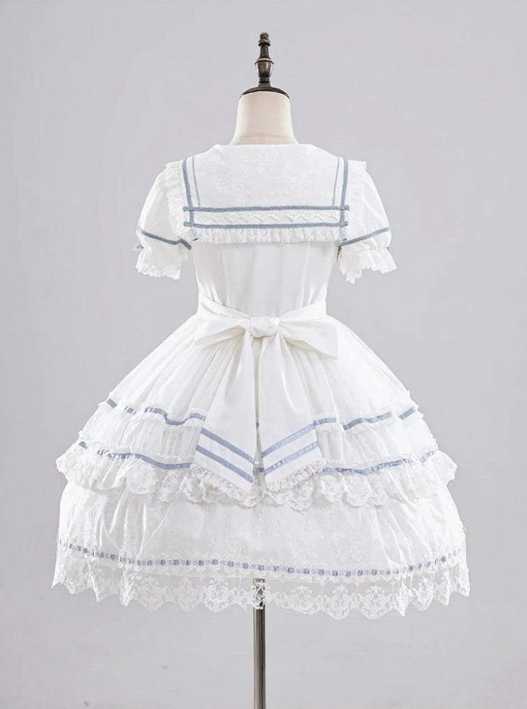 Ivory and Azure Lace Sailor Gown with Stitched Accents - Honey Machine