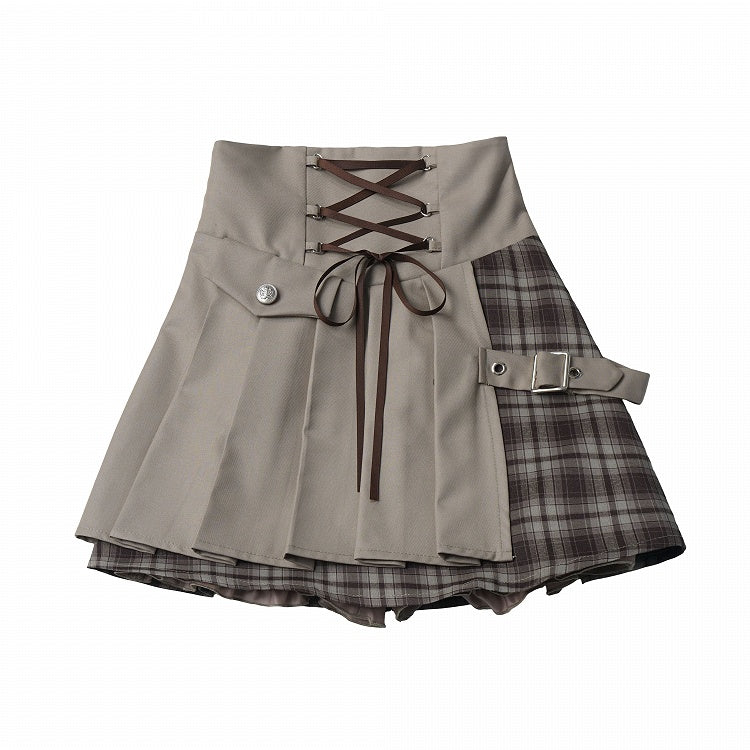 Khaki High Waist Asymmetric Pleated Skirt - PINK SAVIOR