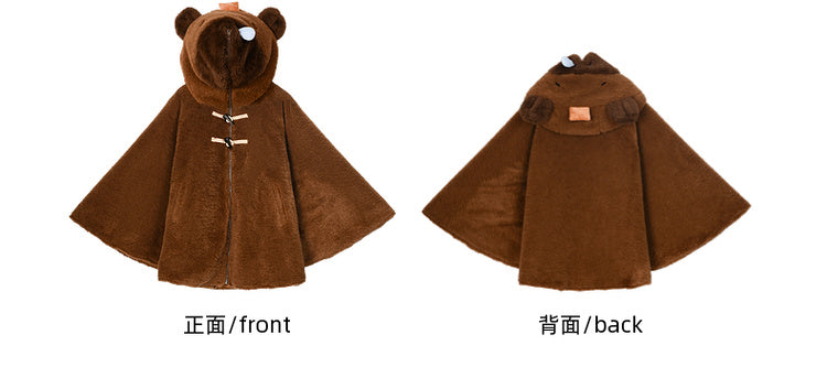 茶色のかわいいカピバラのフード付きジップ開閉フリースフード付きケープ