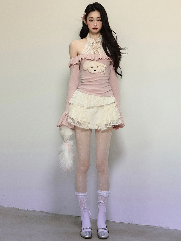 Rosa, süßes Neckholder-Stricktop mit Welpen-Verzierung