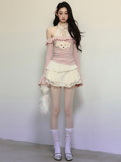 Rosa, süßes Neckholder-Stricktop mit Welpen-Verzierung