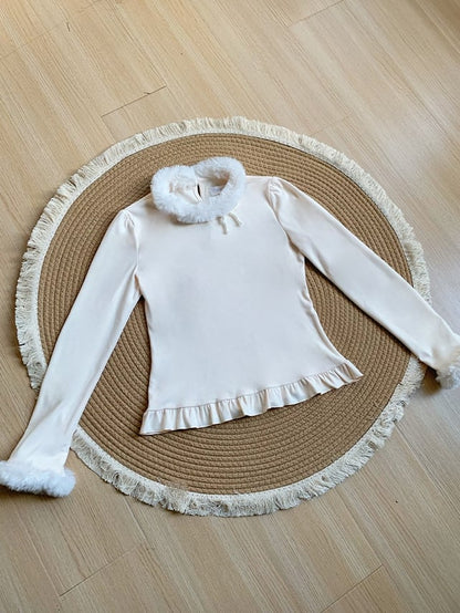 for Top Neckline Warm and Lolita Cuffs Beige Knit Plush Autumn/Winter