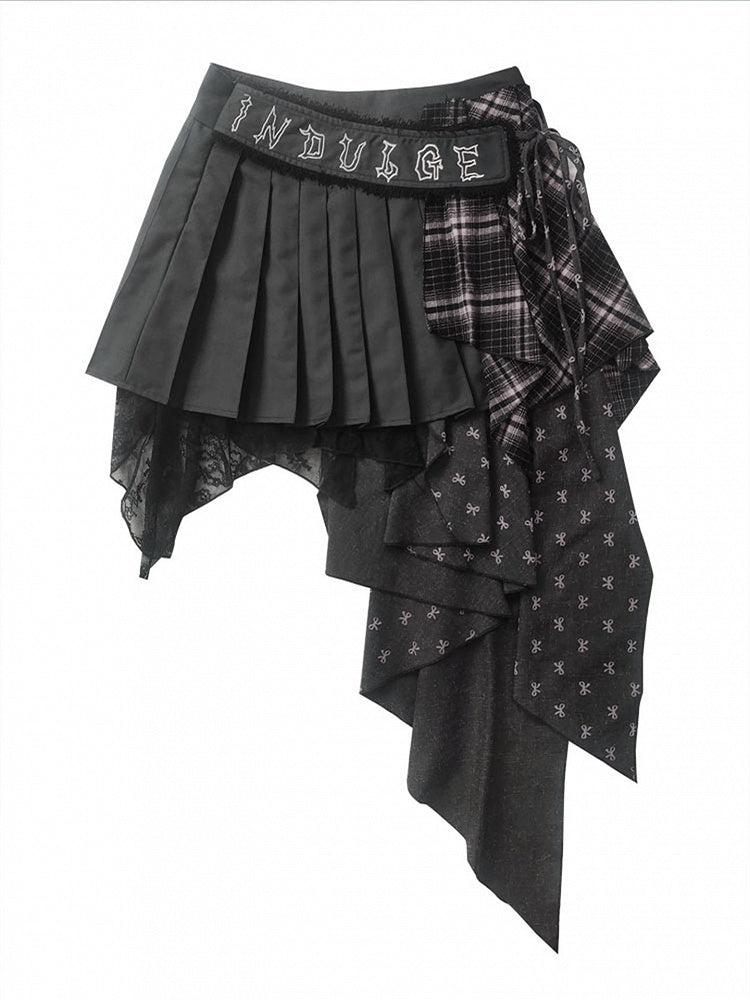 Gray Bow Pink Dark Plaid Asymmetrical Punk Pleated Skirt Print Panels with Patchwork